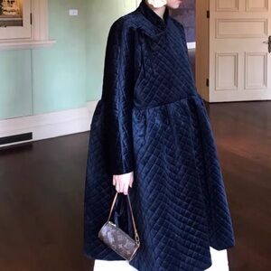 Deep blue velvet babydoll dress quilt coat